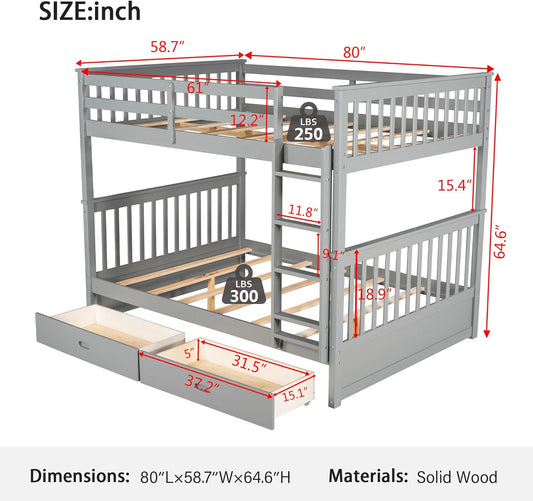Wood Bunk Bed with Drawers,Convertible Wood Bunk Bed with Ladders and Two Storage Drawers,Solid Wood Detachable Bunk Bed Frame with Ladders,Full over Full,Grey