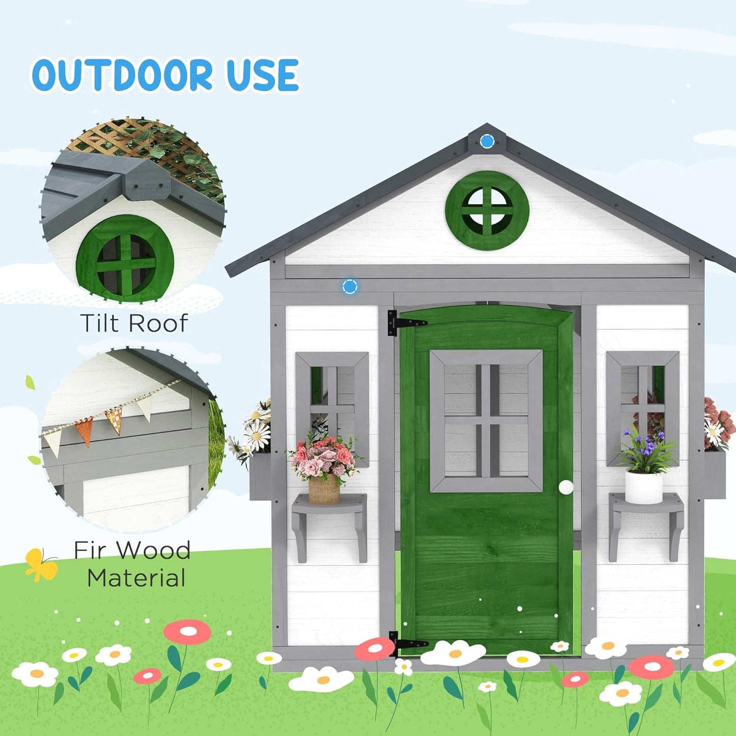 Outdoor Kids Playhouse, Wooden Playhouse with Doors, Windows, Planter Pots and Boxes for Toddlers 3-8 Years, Cottage Play House for Backyard, DIY Chicken Coop, White