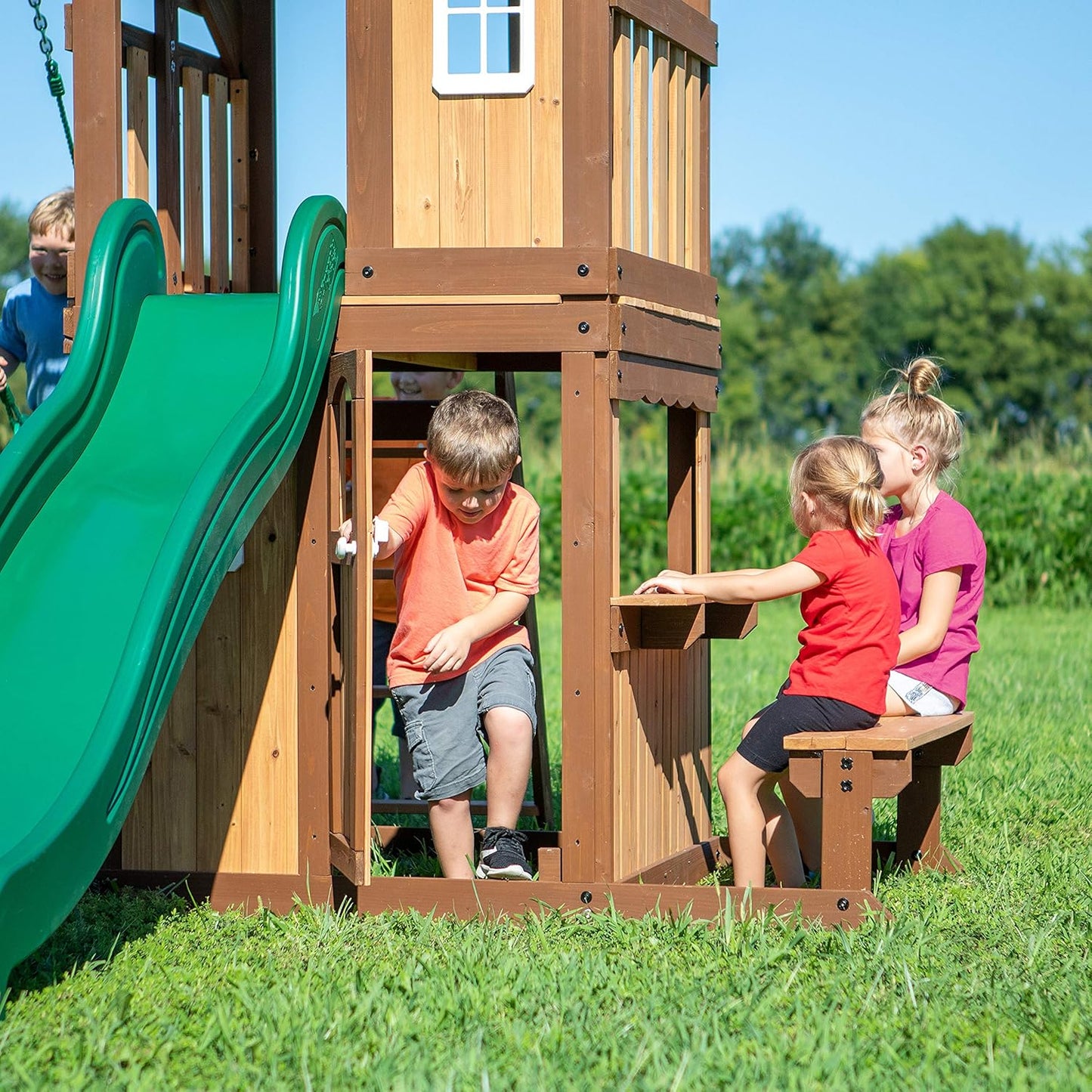 Lakewood Cedar Wood Swing Set with Wave Slide, Clubhouse, Playhouse, Snack Bar Window, Picnic Area, Belt Swings, Trapeze, Full Front Door, Windows, Step Ladder, Outdoor Playset