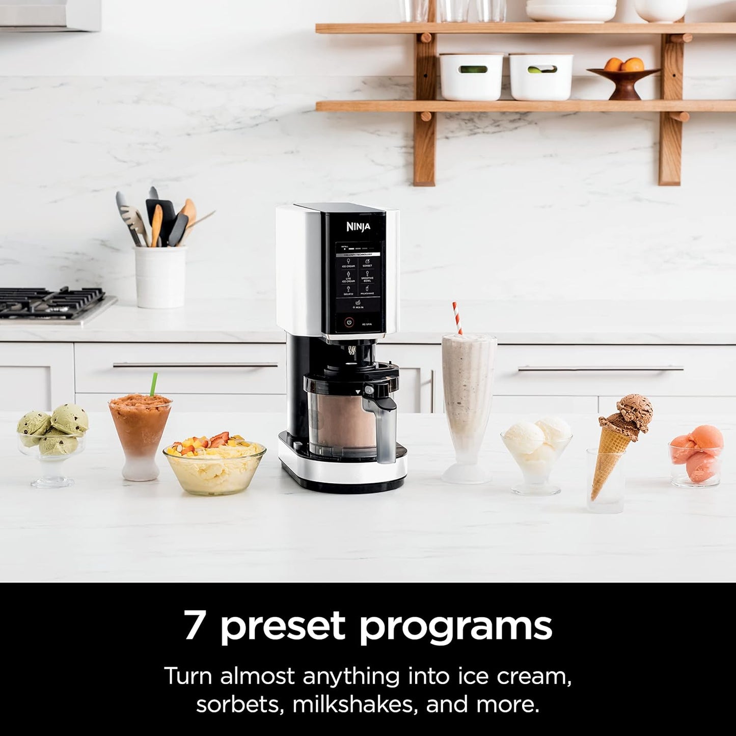 Creami Ice Cream Maker, 7 One-Touch Programs, with (2) Pint Containers & Lids, Compact Size, White (NC301WHBBB)