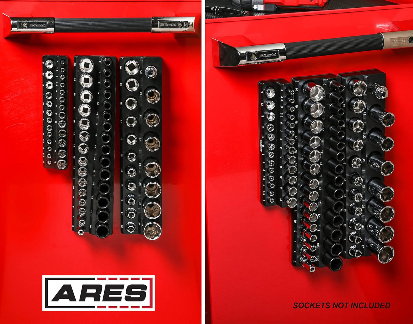 60034-3-Piece Black Metric Magnetic Socket Organizer Set - Includes 1/4-Inch, 3/8-Inch, and 1/2-Inch Socket Holders - Holds Standard Size and Deep Size Sockets - Keeps Your Tool Box Organized
