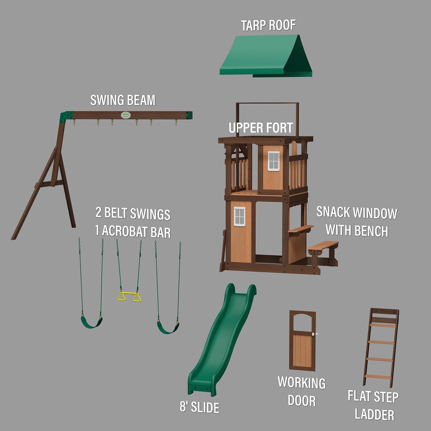 Lakewood Cedar Wood Swing Set with Wave Slide, Clubhouse, Playhouse, Snack Bar Window, Picnic Area, Belt Swings, Trapeze, Full Front Door, Windows, Step Ladder, Outdoor Playset