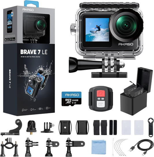 Brave 7 LE 4K30Fps Action Camera with 64GB Microsdxc U3 Memory Card Accessories Kit Bundle Ultra HD 131FT Waterproof Camera EIS 2.0 Wifi Remote Control Zoom Underwater Camera