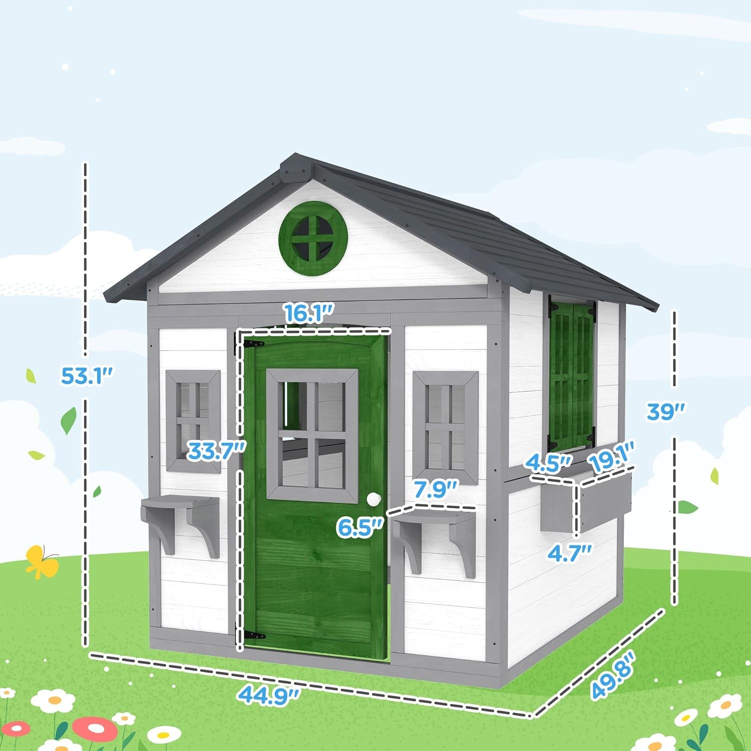 Outdoor Kids Playhouse, Wooden Playhouse with Doors, Windows, Planter Pots and Boxes for Toddlers 3-8 Years, Cottage Play House for Backyard, DIY Chicken Coop, White