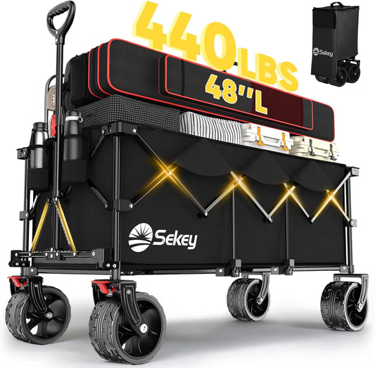 48''L Collapsible Foldable Extended Wagon with 440Lbs Weight Capacity, Heavy Duty 300L Folding Utility Garden Cart with Big All-Terrain Beach Wheels & Drink Holders. Black