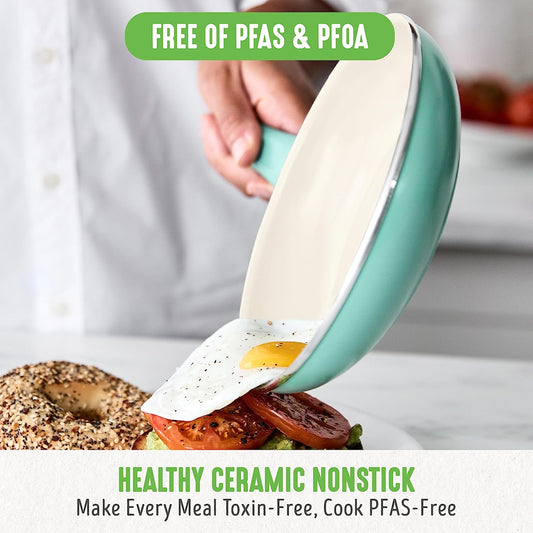 Soft Grip 16 Piece Cookware Set, Non-Toxic Pfas-Free Ceramic Nonstick, Pots, Frying, Sauce, Saute, Glass Lids, Stay-Cool Handles, Wobble Free Bases, Dishwasher & Oven Safe, Turquoise