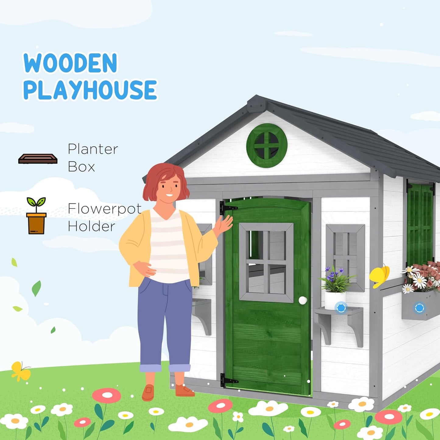 Outdoor Kids Playhouse, Wooden Playhouse with Doors, Windows, Planter Pots and Boxes for Toddlers 3-8 Years, Cottage Play House for Backyard, DIY Chicken Coop, White