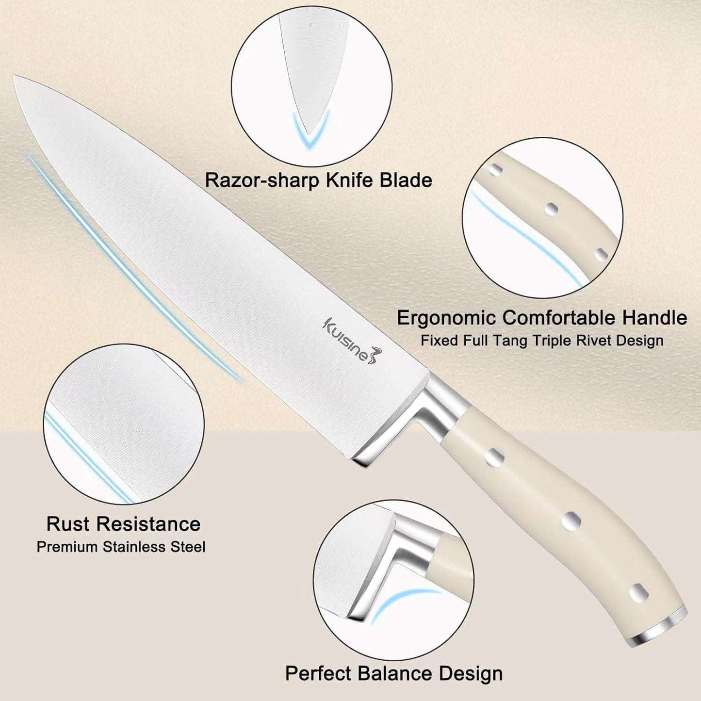 Chef Knife Set,High Carbon Stainless Steel Sharp Knife Set Ergonomic Handle,Kitchen Knife Block Set with Built-In Sharpener(Ivory Pro,15Pcs)