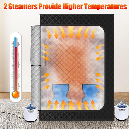 2 Person Sauna, Extra Large Sauna Box, Portable Steam Sauna Tent with 2 Steamers, 2 Folding Chair, 71”X 49”X 36”, Black