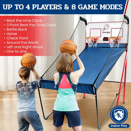 Basketball Arcade Game, Electronic Basketball Shooting Game with 8 Game Modes, Arcade Sounds, Foldable Frame, 4 Balls, Inflation Pump, Ideal Indoor Sport Games for All Players - Dual Shots