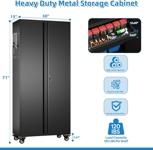 Metal Storage Cabinet with Wheels, Steel Storage Cabinet with 1 Drawer and 2 Adjustable Shelves for Homes, Offices, Kitchens, Schools and Pantries