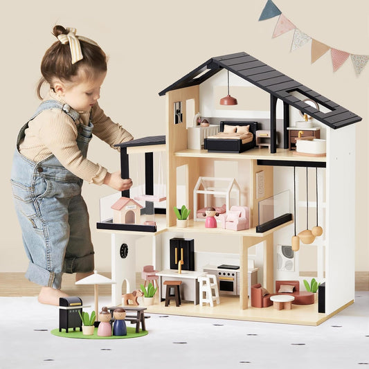 Doll House, Modern Family Dollhouse with Realistic Design, Wooden Dollhouse with 53Pcs Furniture - Ideal Gift for Kids Ages 3+