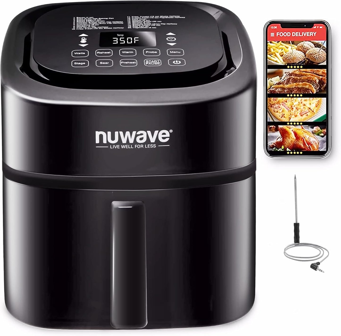Brio 8-Qt Air Fryer, Powerful 1800W, Easy-To-Read Cool White Display, 50°-400°F Temp Controls, 100 Pre-Programmed Presets & 50 Memory Slots, Integrated Smart Thermometer, Linear T Technology