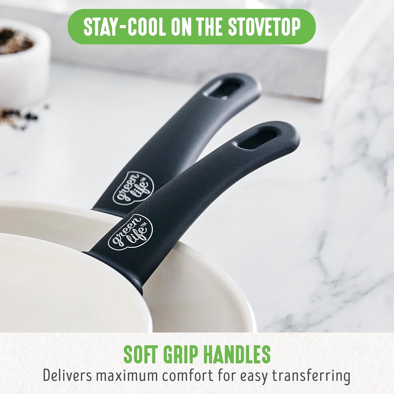 16 Piece Nonstick Cookware Set, Soft Grip Non-Toxic Pfas-Free Ceramic Pots & Pans, Dishwasher & Oven Safe, Frying, Sauce, Utensils, Glass Lids, Stay-Cool Handles, Wobble Free, Black & Cream