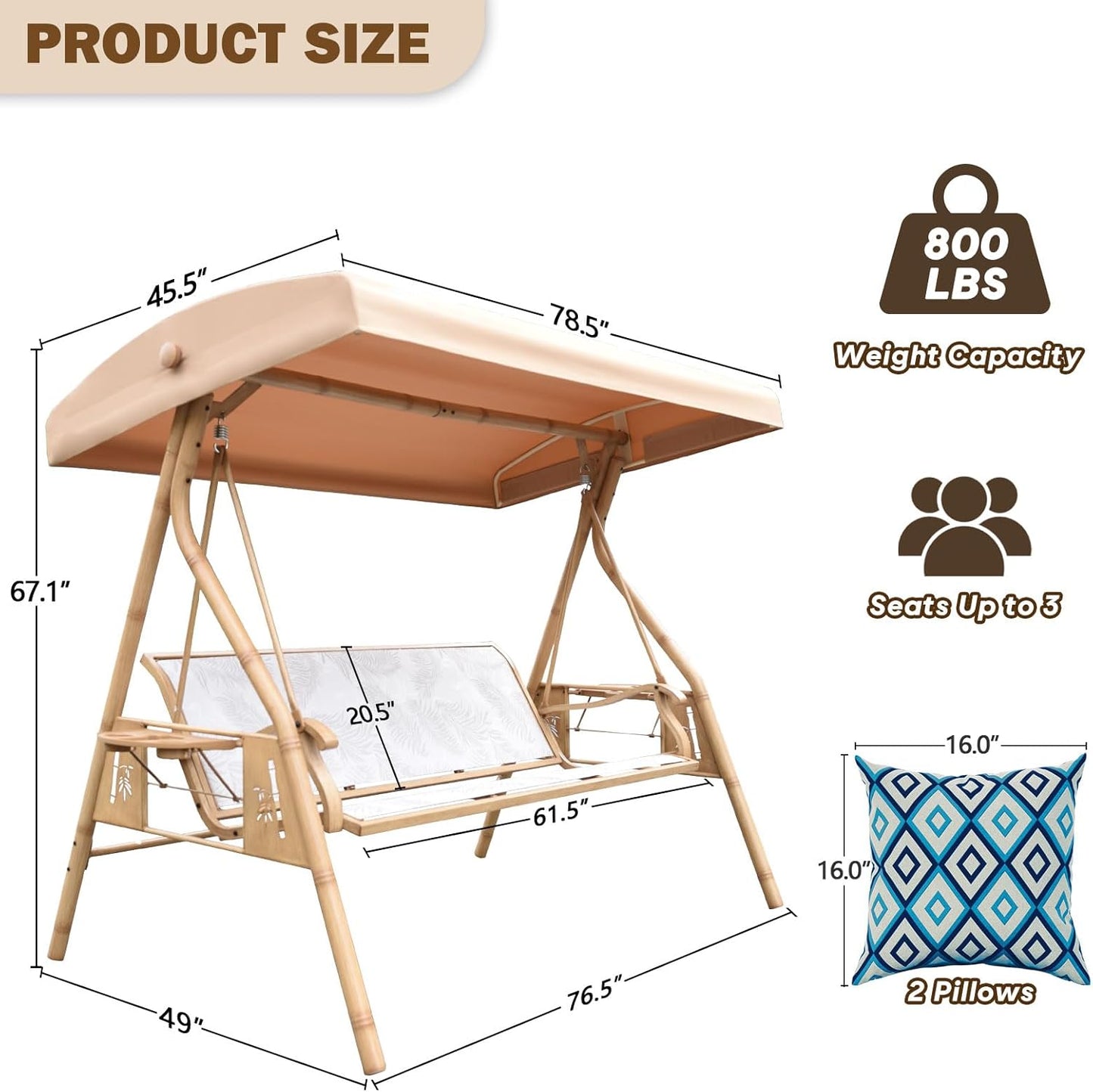 3 Person Patio Swing Outdoor Swing for Adults with Adjustable Canopy &Upgraded Cup Holders Textilene Fabric Porch Swing Chair with Stand Heavy Duty 800 LBS