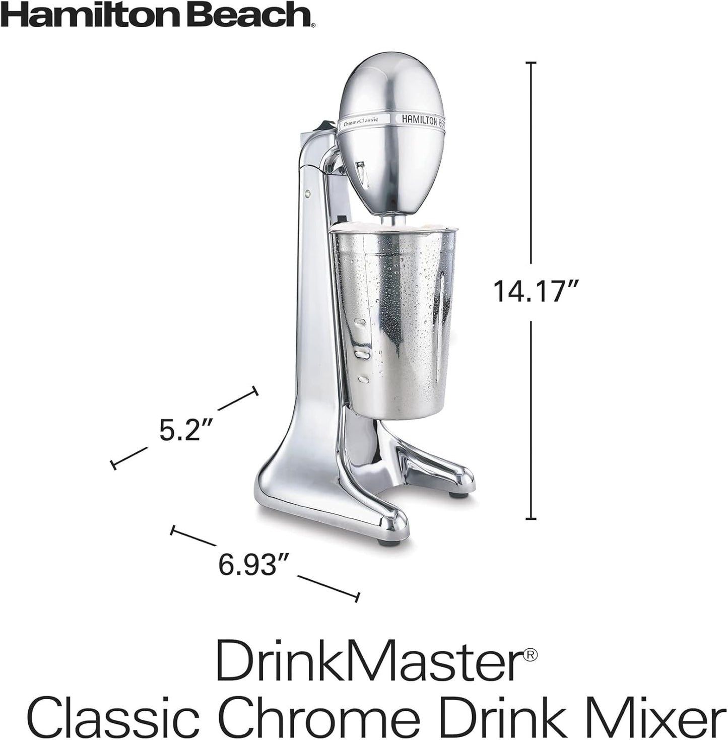 Drinkmaster Electric Drink Mixer, Retro Milkshake Maker & Milk Frother, 2 Speeds, Extra-Large 28 Oz. Stainless Steel Cup, Classic Chrome
