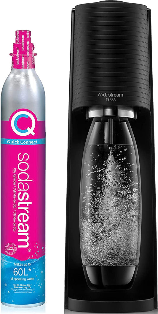 Terra Sparkling Water Maker (Black) with CO2 and Dishwasher Safe Bottle