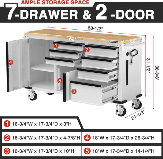 62" X 20" 7-Drawer & 2-Door Rolling Tool Chest, Mobile Tool Storage Cabinet with Power Strip, Locking System, Heavy Duty Rolling Cabinet for Garage, Warehouse & Kitchen, 1000 Lbs Capacity