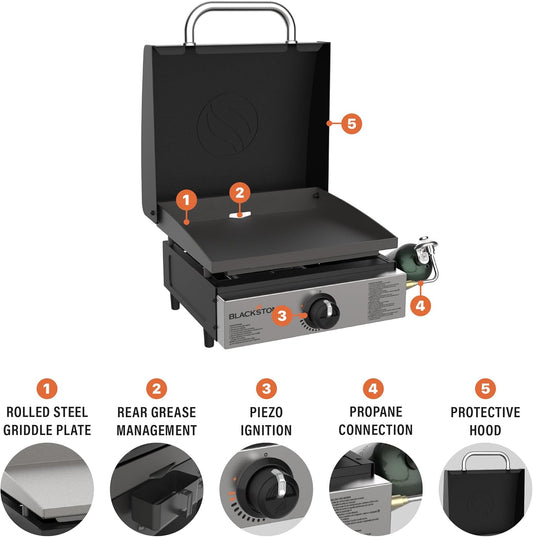 1814 Stainless Steel Propane Gas Portable, Flat Top Griddle Frill Station for Kitchen, Camping, Outdoor, Tailgating, Tabletop, Countertop – Heavy Duty & 12, 000 Btus, 17 Inch, Black