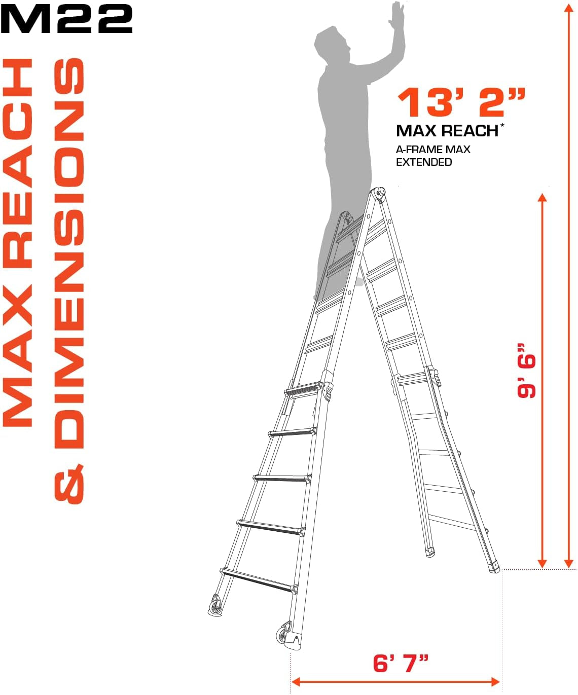 Ladder Systems, Velocity with Wheels, M22, 22 Ft, Multi-Position Ladder, Aluminum, Type 1A, 300 Lbs Weight Rating, (15422-001)
