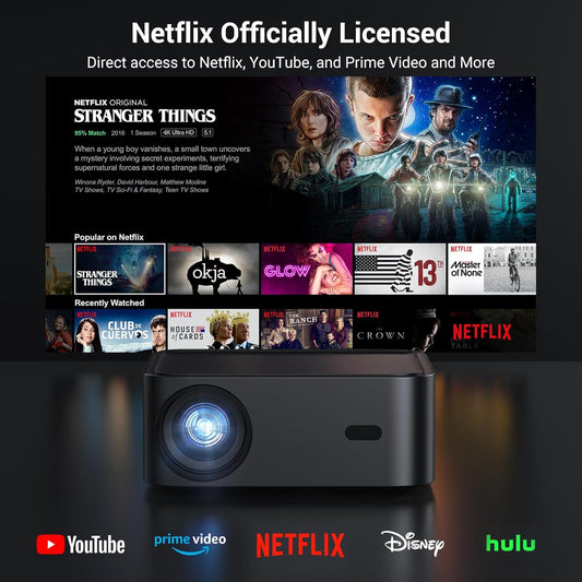 Official Licensed Netflix Smart Projector,  Projector 4K with Wifi and Bluetooth, Doiby Audio, Built-In Apps, Native 1080P 1000ANSI, Electric Focus, Portable Projector for Home Cinema, Bedroom