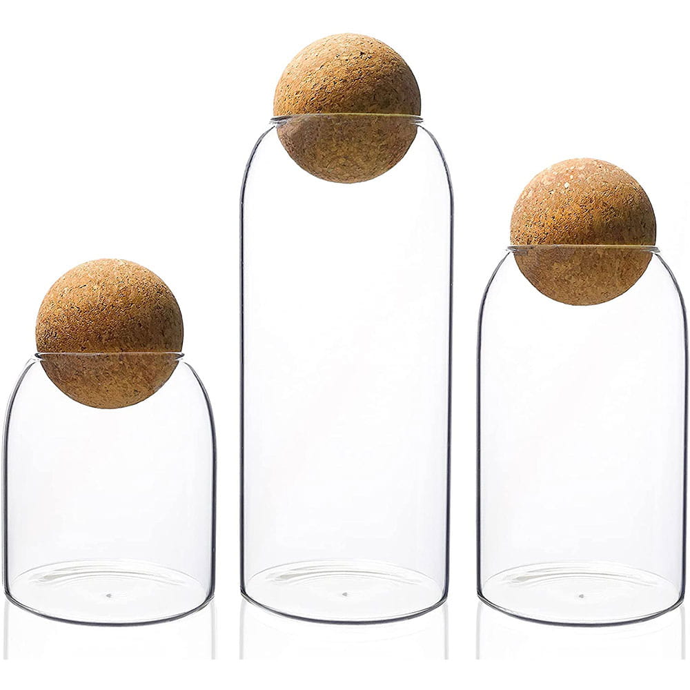 Set of 3 Modern Clear Glass Storage Jar with Ball Cork Lid